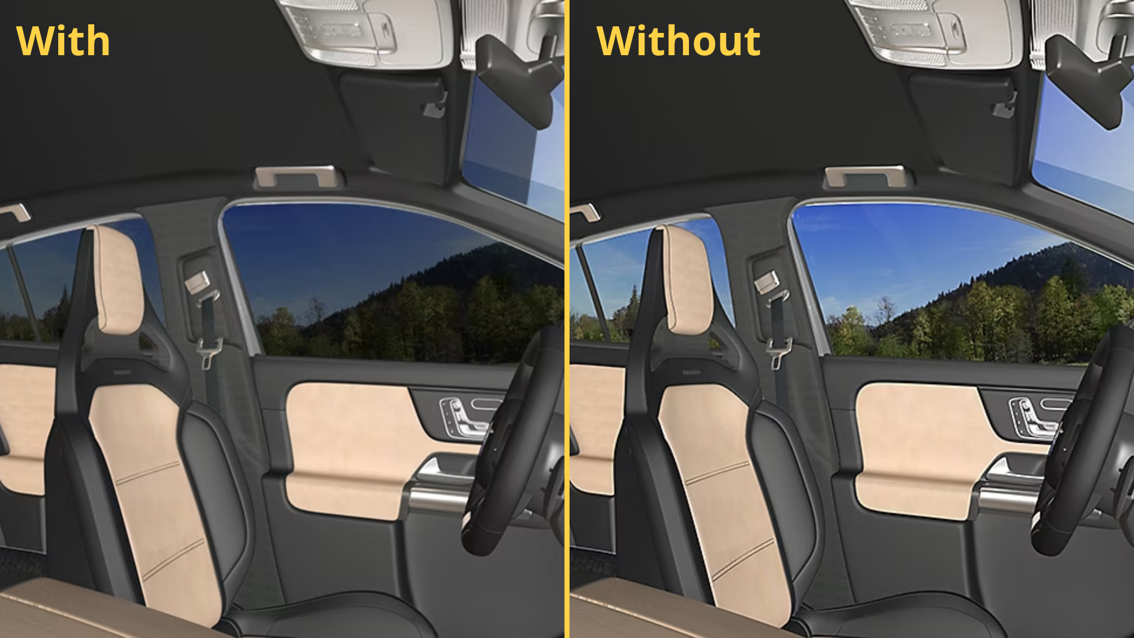 Side-by-side comparison of a car interior with and without LLumar FormulaOne nano-ceramic window tint