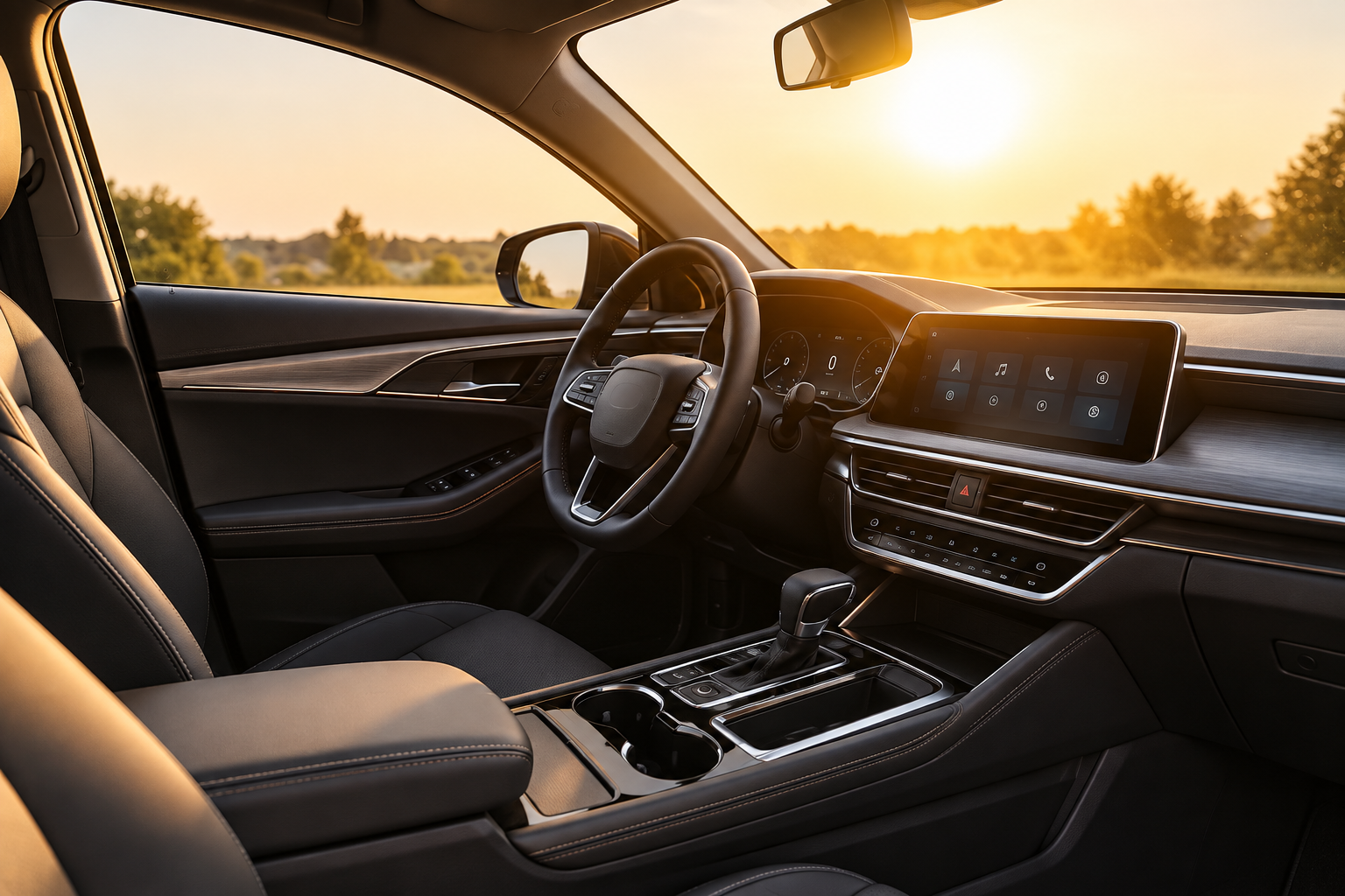 Premium vehicle leather interior bathed in natural light through tinted windows