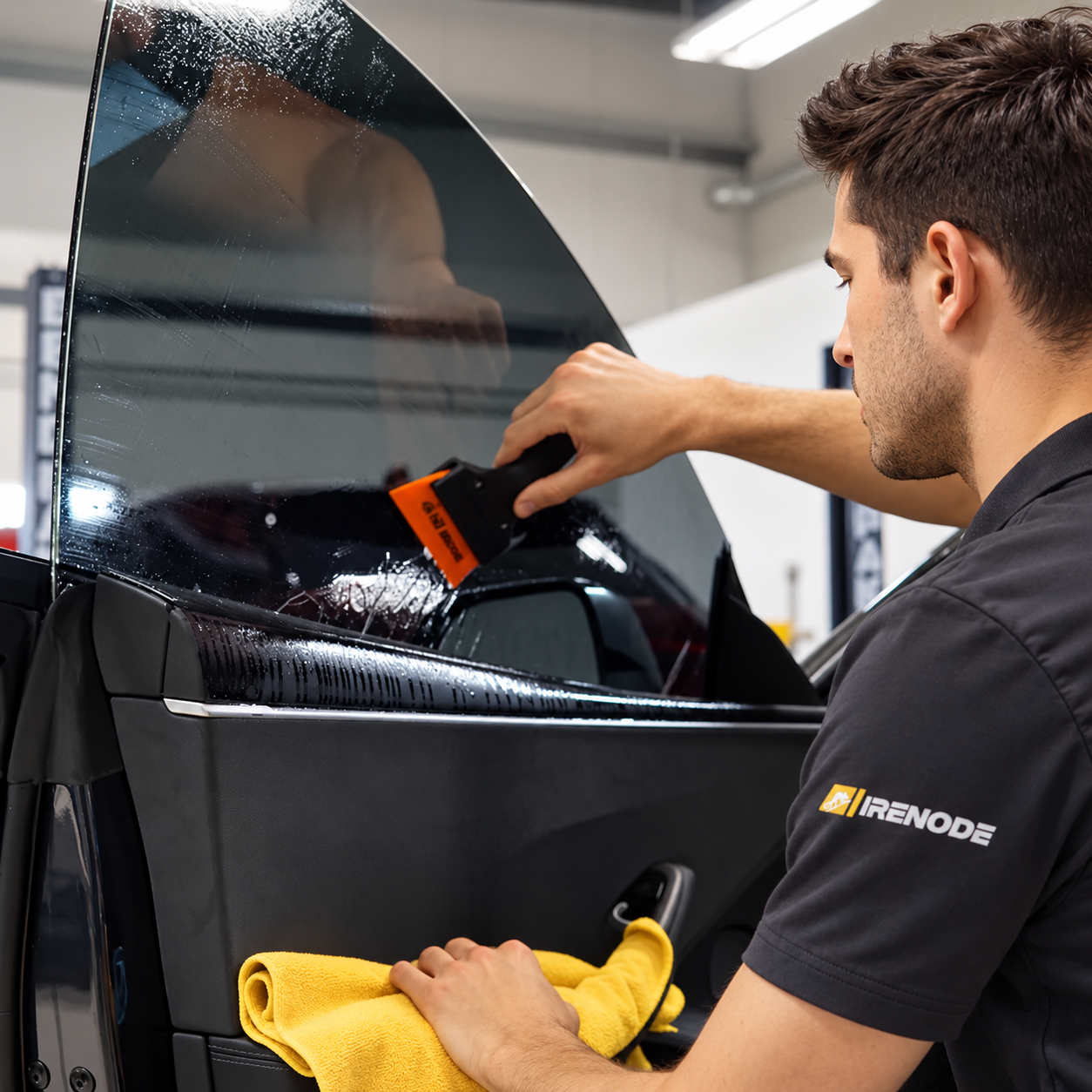 Irenode installer applying window tint film to a car window in the workshop